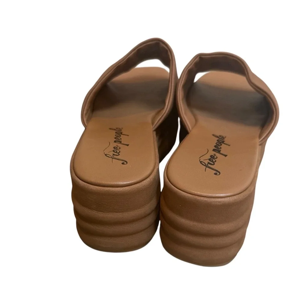 Free People Tan Leather Platform Slide Sandals Wedge Open Toe Womens 8